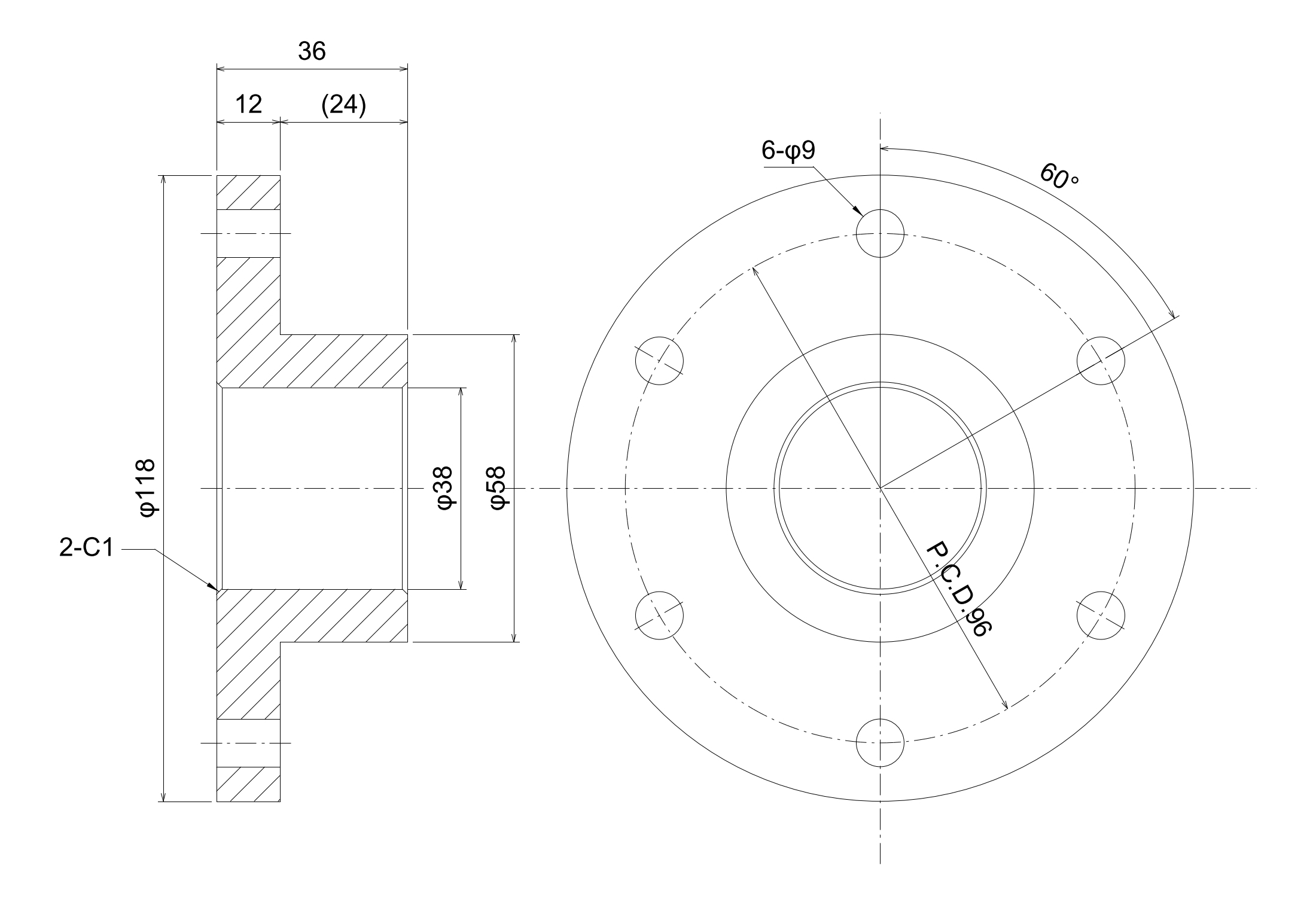 AIが出力した寸法線入り部品図の出力例（フランジ FL-01・検図済み）